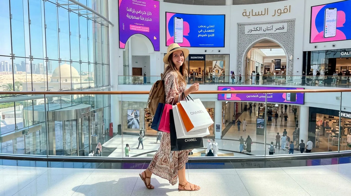 A tourist looking happy after doing cheap shopping in Dubai