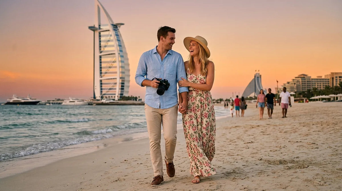 Couple in western outift in Dubai at honeymoon