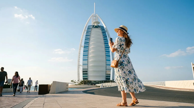 Tourist in midi dress visiting burj al arab
