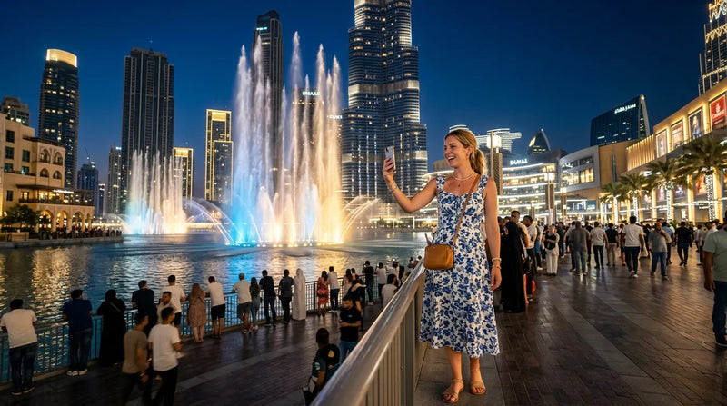 Tourist in western dress at dubai fountain