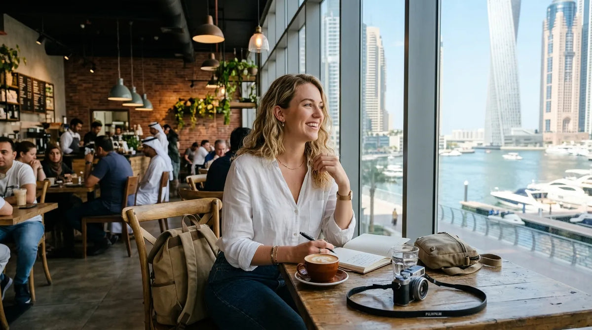 Tourist in western dress in dubai cafe