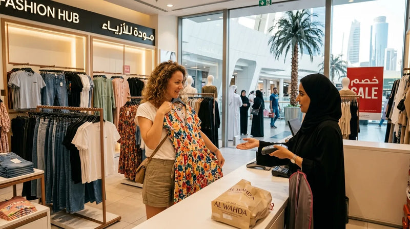 Tourist buying western dress on one of clothing store in abu dhabi