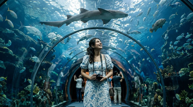 Tourist in Dubai Auarium in Western Dress