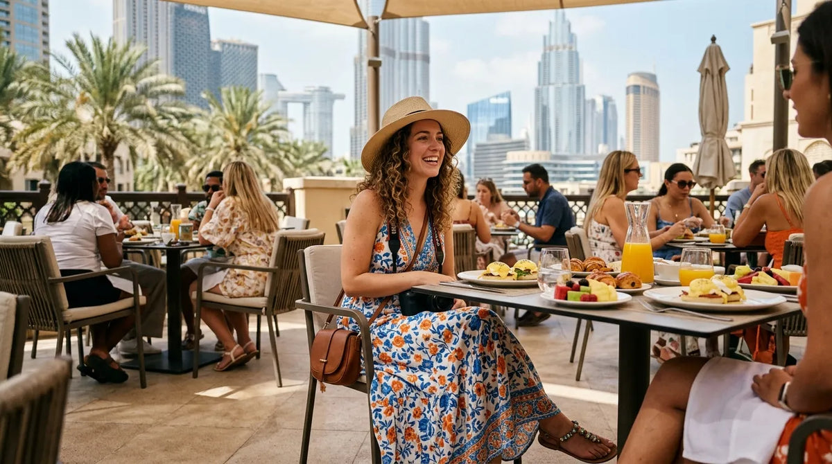 Tourist in maxi dress in dubai brunch