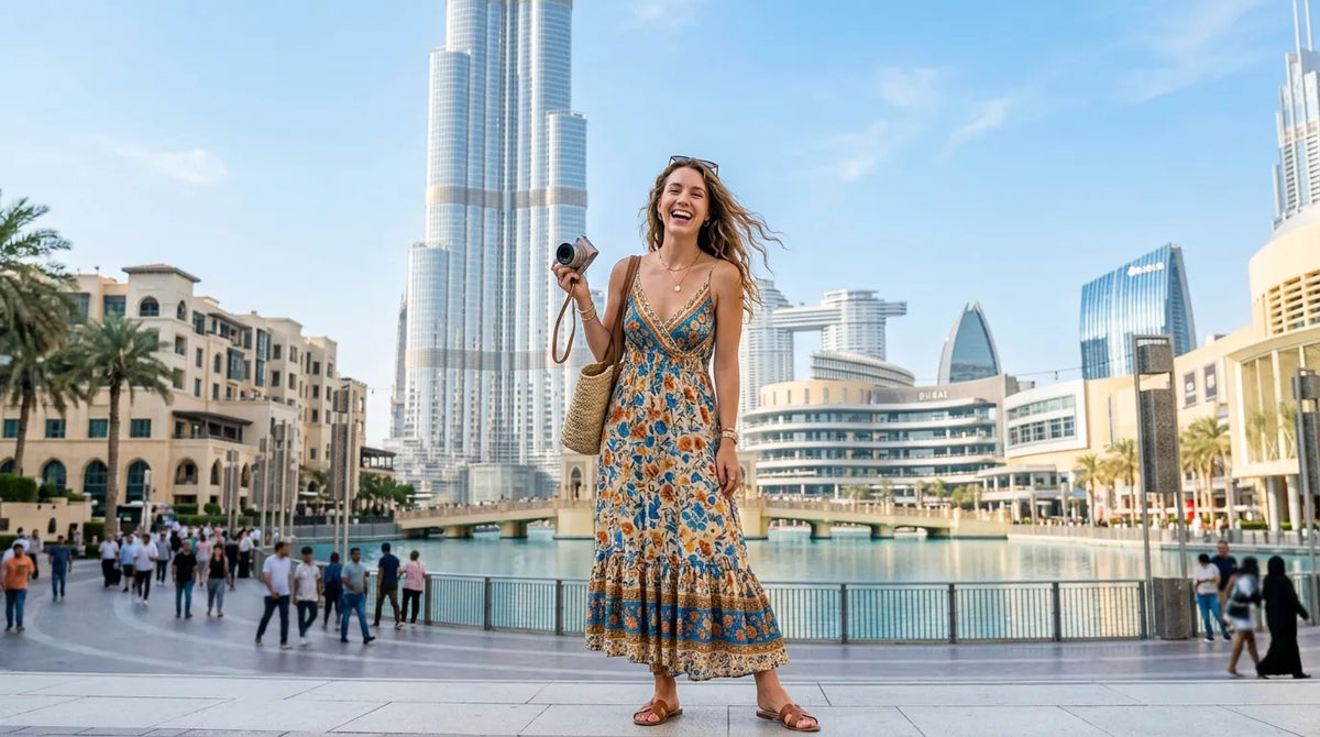 Tourist in western dress infront of burj khalifa
