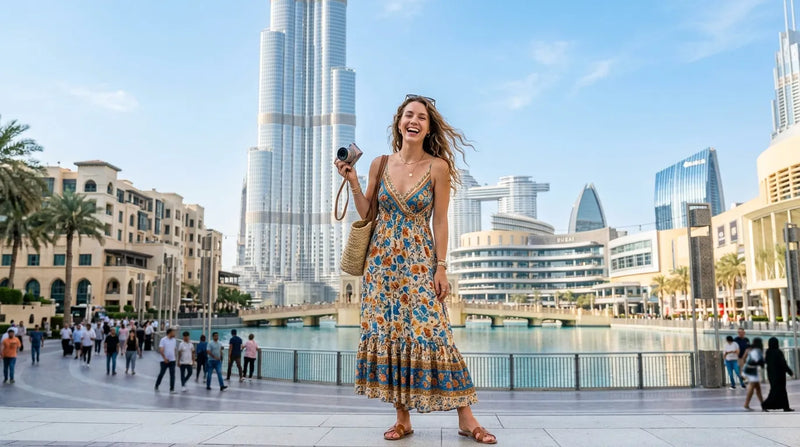 Tourist in western dress infront of burj khalifa