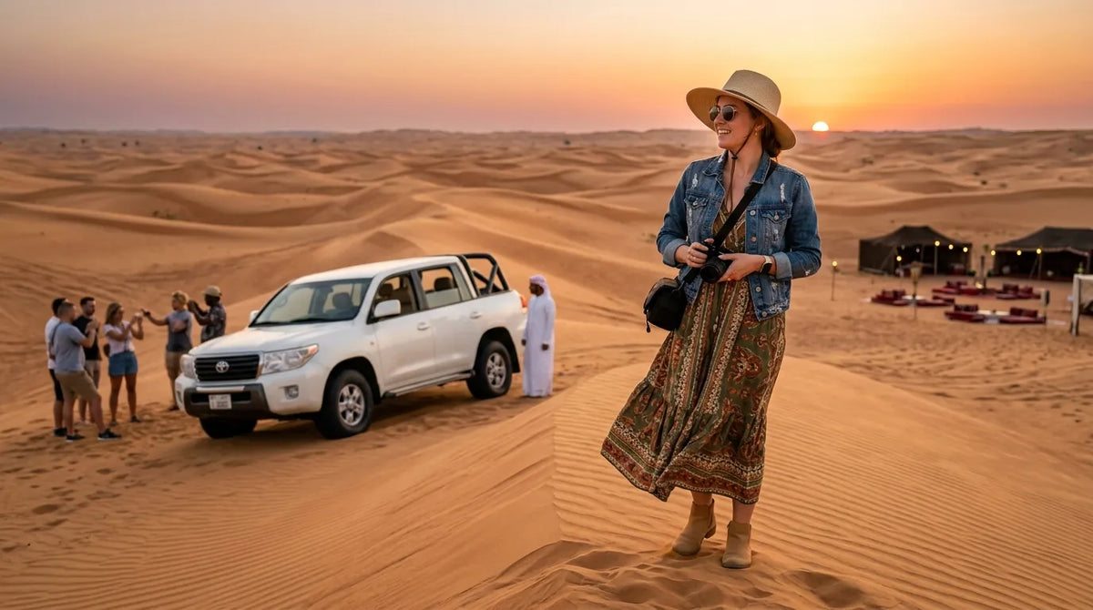 Tourist in western outfit in desert safari
