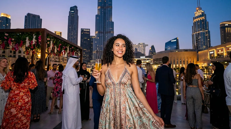 Girl in western dress in party near burj e khalifa dubai