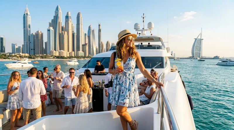 tourist in western dress at yatch party Dubai